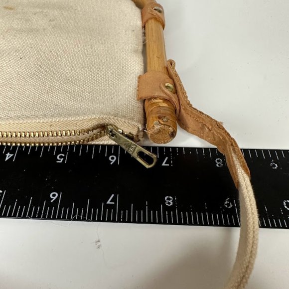 Vintage Slim Beige Tan Canvas Bamboo Frame Shoulder Mini Bag - Picture 9 of 9